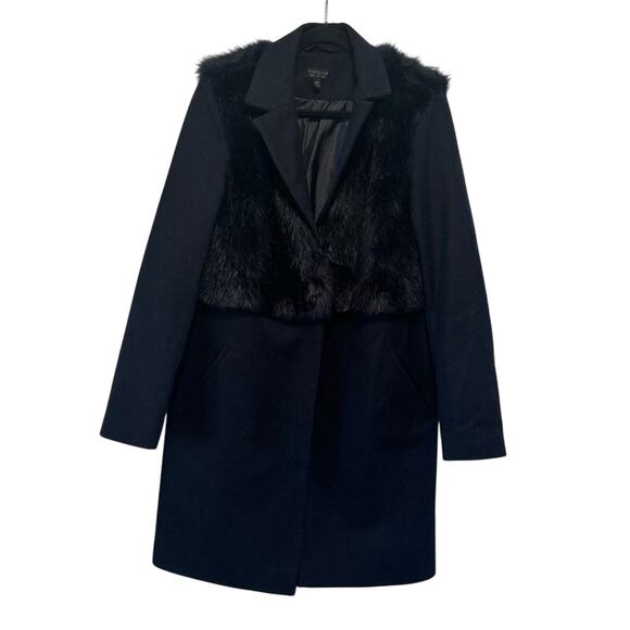 Topshop Navy Wool Coat Faux Fur Overlay Peacoat Jacket Size US 8 EUR 40 - Picture 1 of 6